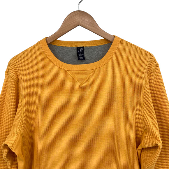 Gap Waffle Knit Thermal Mens Small Yellow Long Raglan Sleeve Crew Neck Pullover - Picture 3 of 12